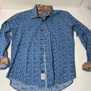 Etzo mens button up shirt. Blue with gold logo. Size medium